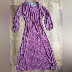 Raga Pink Paisley Boho Maxi Dress Sz S Vibrant Print Long Sleeve, Elastic Waist